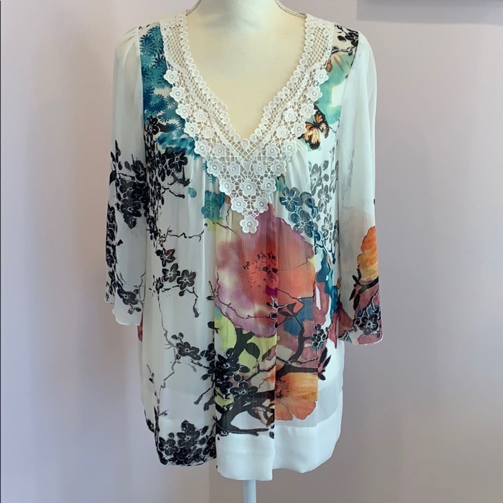 Blossom Tree Semi-Sheer Blouse with Lace Neck